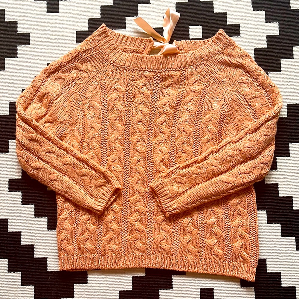 Nude Pink Sequined Open Back Bow Tie Sweater